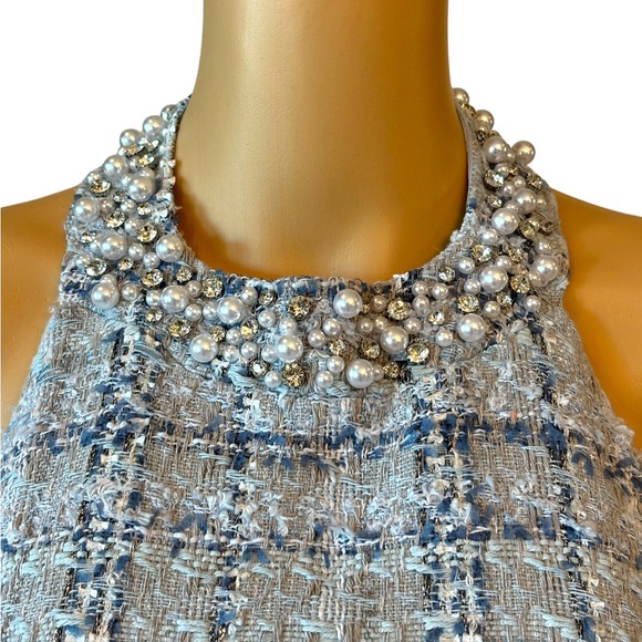 Blue Beaded Tweed Open Back Halter Dress XS - Picture 2 of 6